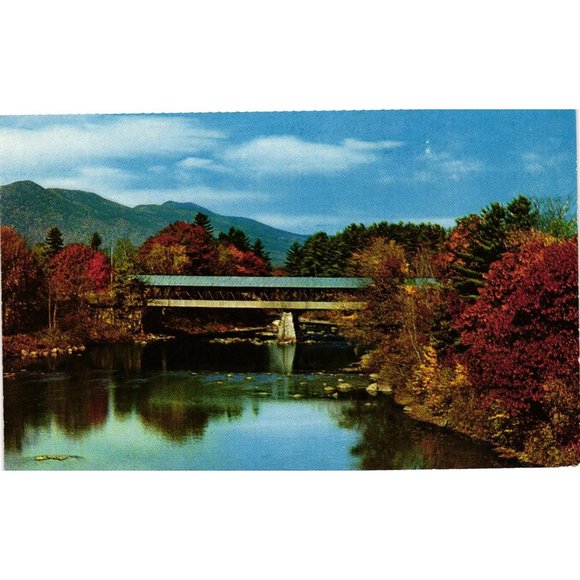 Vintage Jackson New Hampshire Covered Bridge Postcard Fall Foliage Mountains - Picture 1 of 2